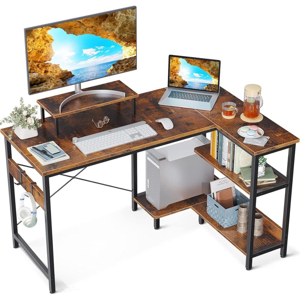 image:imageODK L Shaped Computer Desk with Storage Shelves 47 inch LShaped Corner Desk with Iron Hook for Small Space Modern Simple Writing Study Table for Home Office Rustic Brown